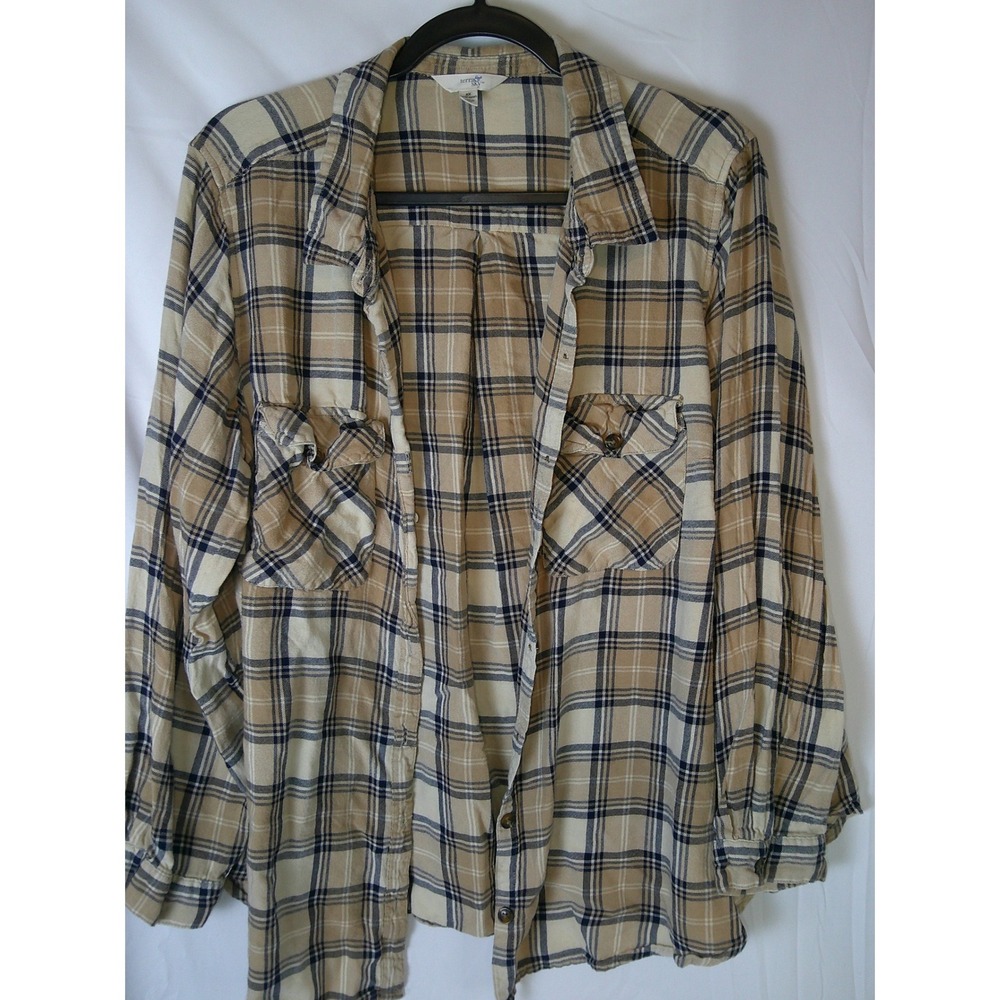 Terra Sky Women's Plaid Flannel Button Up Shirt Beige Navy Blue Size 2X 20W-22W